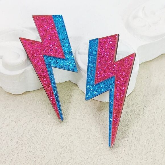 Retro 80's Blue and‎ Pink Glitter Lightning Bolt Statement Earrings - Picture 1 of 3